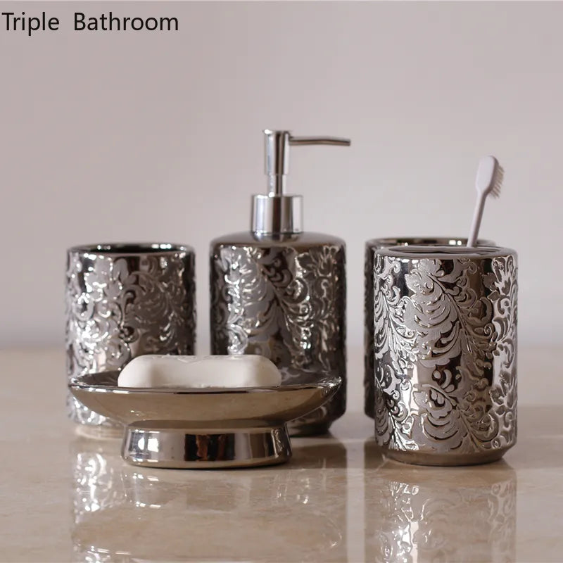 Silver Ceramics Five Piece Set Gifts Soap Bottle Gargle Cup Soap Dish Toothbrush Holder Washing Tools Bathroom Toiletry Set
