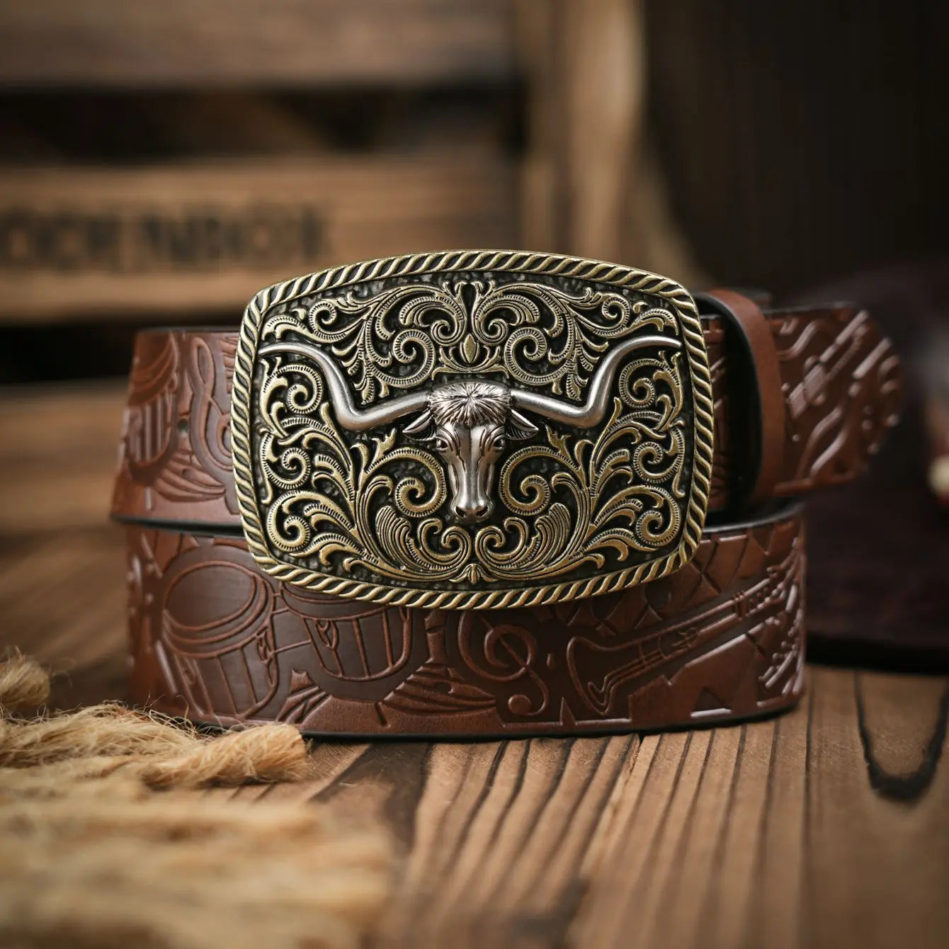Western Cowboy PU Leather Belt - Men Waist Strap Bull Decoration Floral Engraved for Jeans