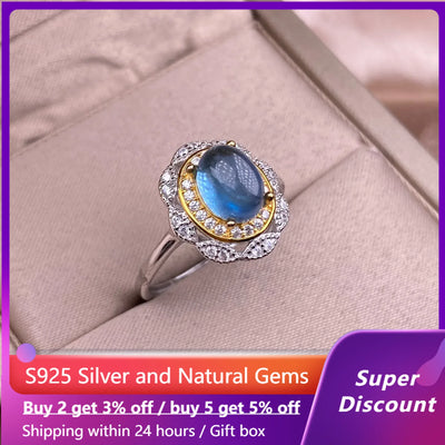 HOYON Natural Sea Blue Treasure Women's Ring s925 Sterling Silver Luxury Crystal Colored Gemstone Retro Palace Jewelry  Gift