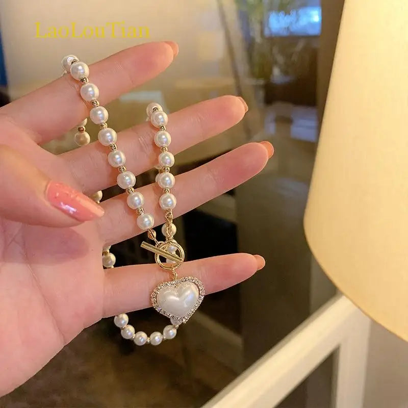 Korean Elegant Pearl Beads Necklace for Women Fashion Rhinestone Shell Heart Pendant Necklace Girl Charms Vintage Choker Jewelry