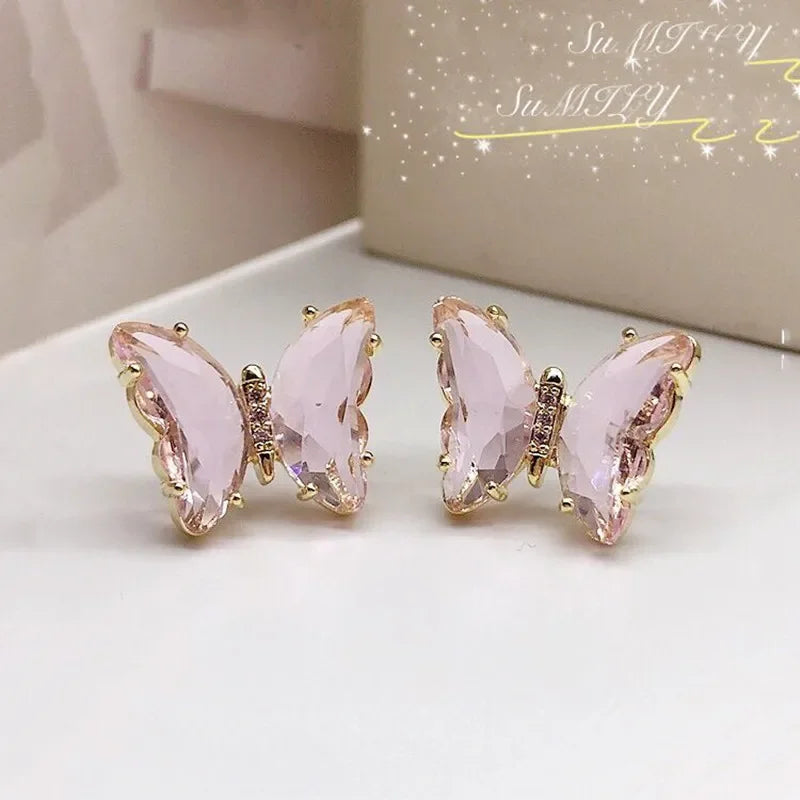 Korean New Fashion Purple Crystal Butterfly Earrings for Women Rhinestone Cute Girl Zircon Stud Earrings Jewelry Wholesale