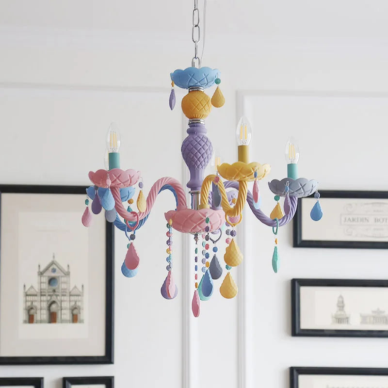 Rainbow Crystal Chandelier European Candle lustres Children's Bedroom Princess Makaron Lamps Winfordo Lighting 110V/220V