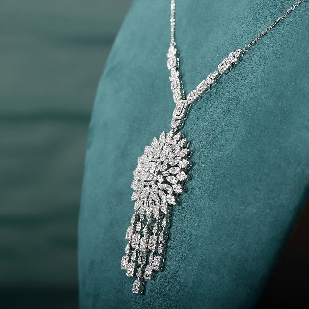 New Trendy Sweater Long Necklace Earring Jewelry Sets For Women Wedding Party Zircon CZ African Dubai Bridal Jewelry