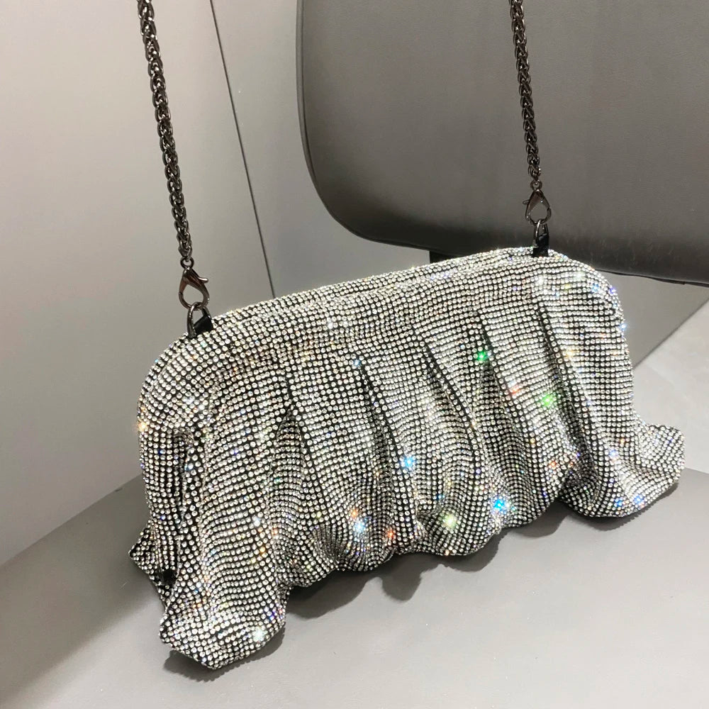 Shiny Handle Rhinestones Handmade Evening Clutch Bags New Folds Purses And Handbags Luxury Designer Wedding Party High Quality