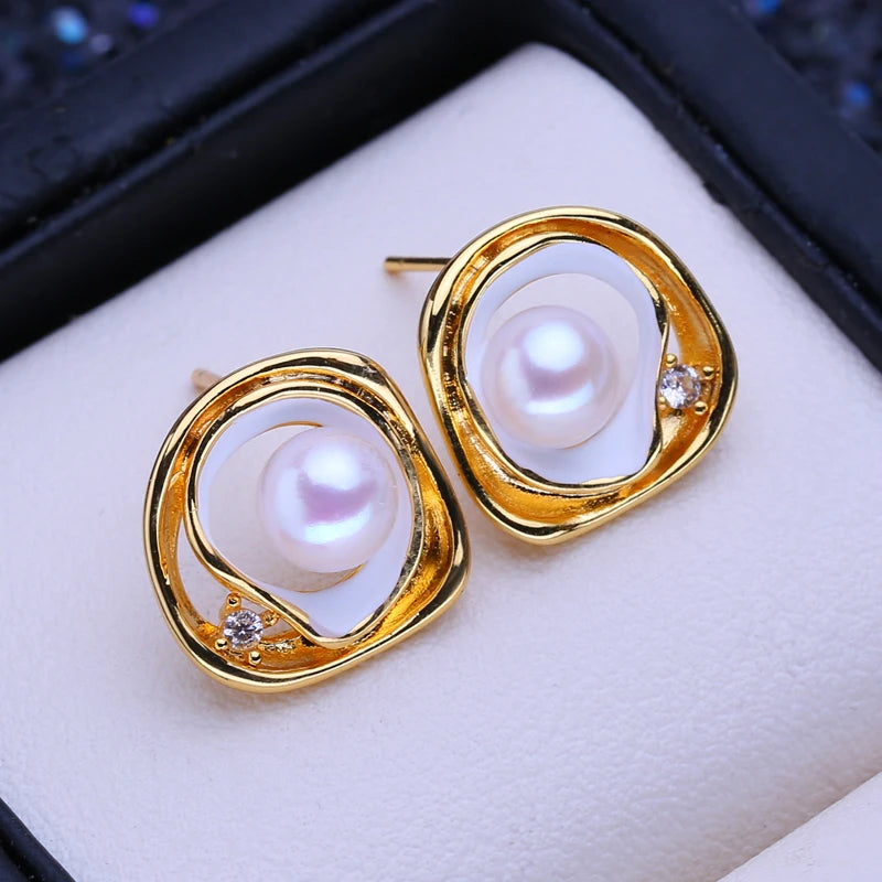 FENASY Natural Freshwater Pearl Gold Plated Stud Earrings Wedding Engagement Bohemian Party Jewelry