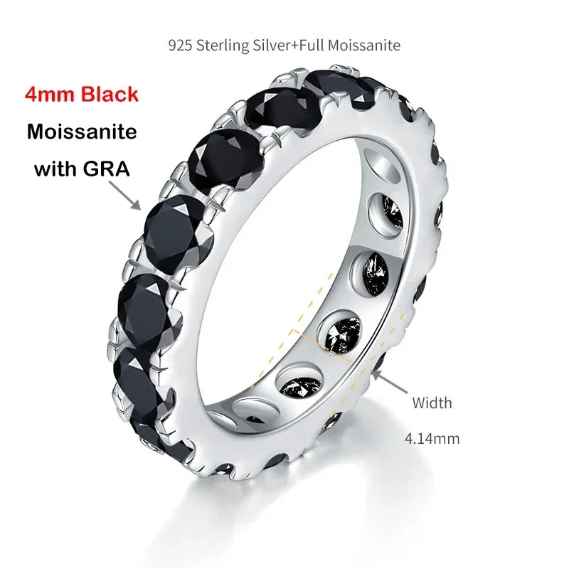 EWYA GRA Certified Full 3/4/5mm D Color Black Moissanite Ring Full Eternity Diamond Band For Women Men S925 Silver Wedding Rings