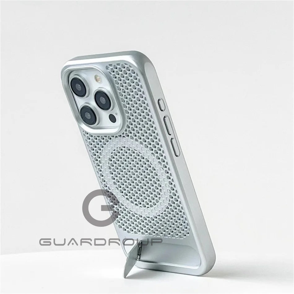 Luxury Heat Dissipation For Magsafe Case For iPhone 15 14 Plus 13 12 Pro Max Breathable Wireless Charger Stand Shockproof Cover