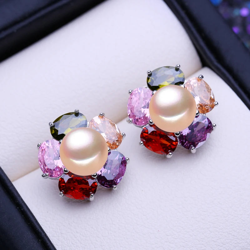 FENASY Natural Freshwater Pearl Earrings Wedding Engagement Bohemian Party Flower 925 Sterling Silver Stud Earrings