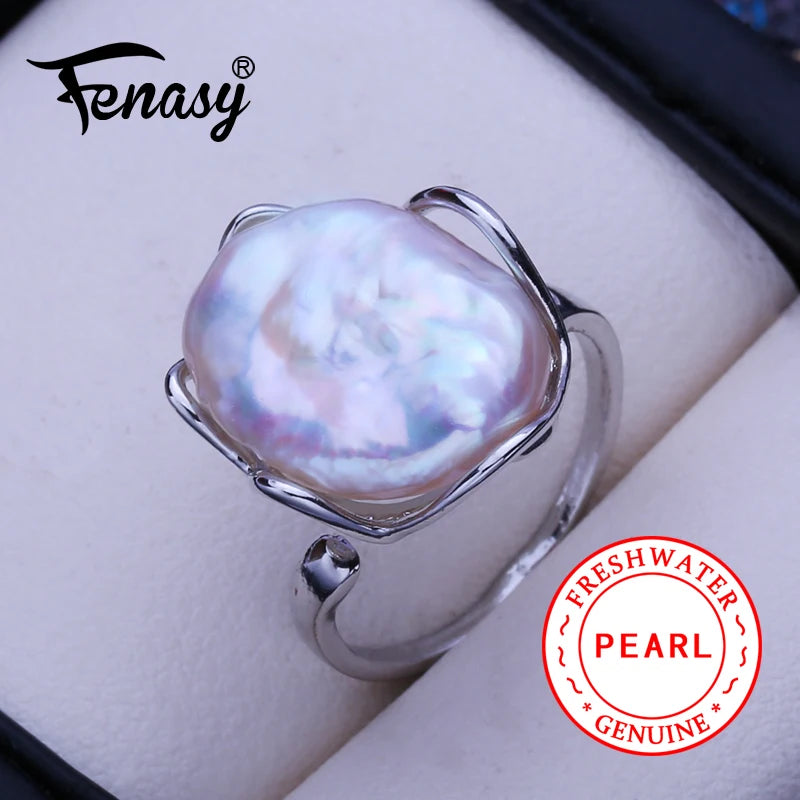 FENASY Natural Freshwater 12-16mm Big Baroque Pearl 925 Sterling Silver Rings For Women Bridal Wedding Jewelry Birthday Gift