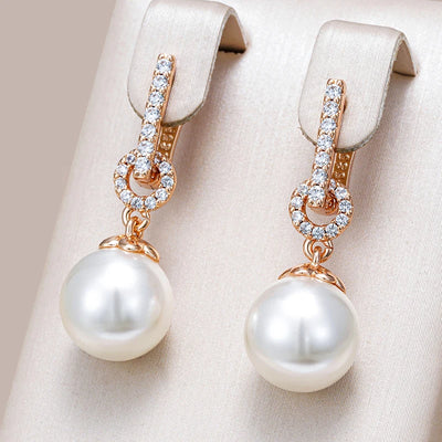 Kinel Luxury 585 Rose Gold Color Pearl Drop Earrings Women Unique Geometric Full Natural Zircon Accessories Daily Jewelry Gift