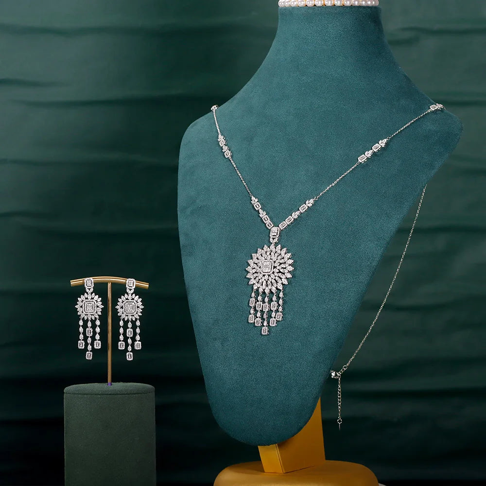 New Trendy Sweater Long Necklace Earring Jewelry Sets For Women Wedding Party Zircon CZ African Dubai Bridal Jewelry