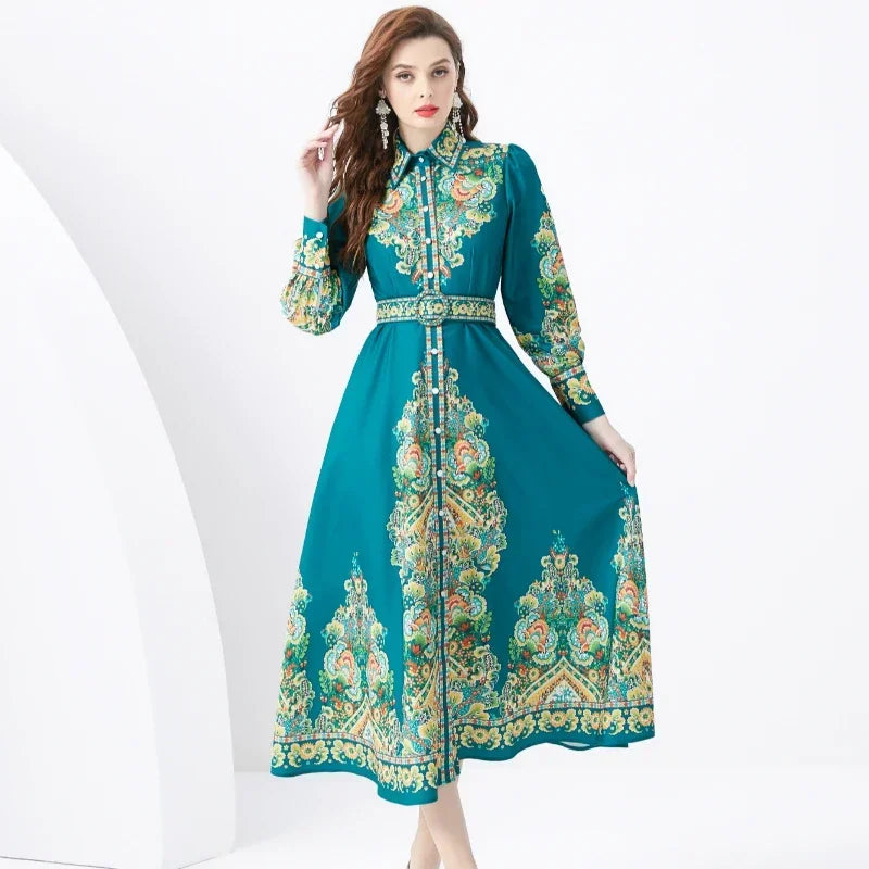 2024 Vacation Palace Style Lapel Single Flap Lantern Sleeves Long Retro Print Dress