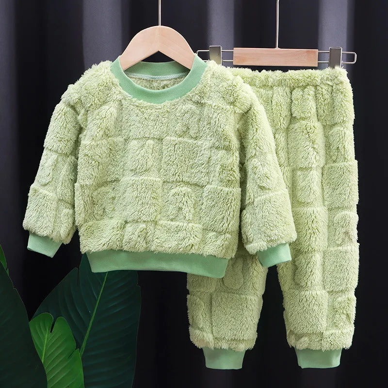 Baby flannel pajamas Korean casual solid color home clothing set for childrens long sleeved pajamas and girls warm underwear set