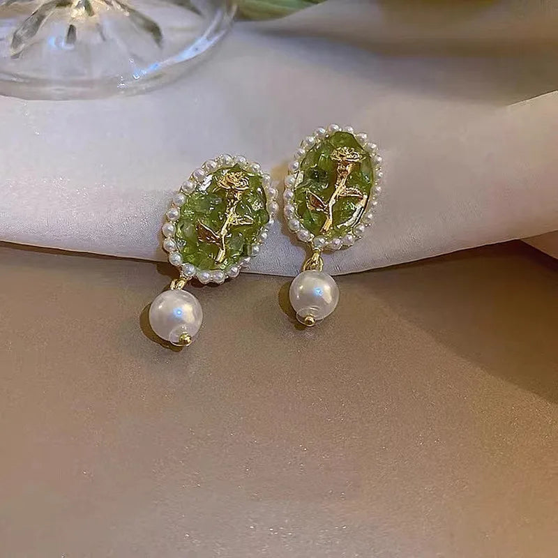 New Elegant Pearl Drop Earring Korean Classic Style Golden Rose Flower Dangle Earrings For Women Jewelry Valentine's Day present
