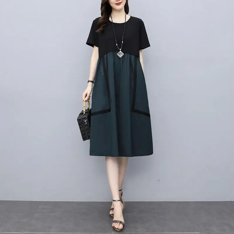 Fashion Korean Women's Clothing Round Neck Double Pockets Patchwork Pleated Short Sleeve Summer loose Shirring A-line Dresses