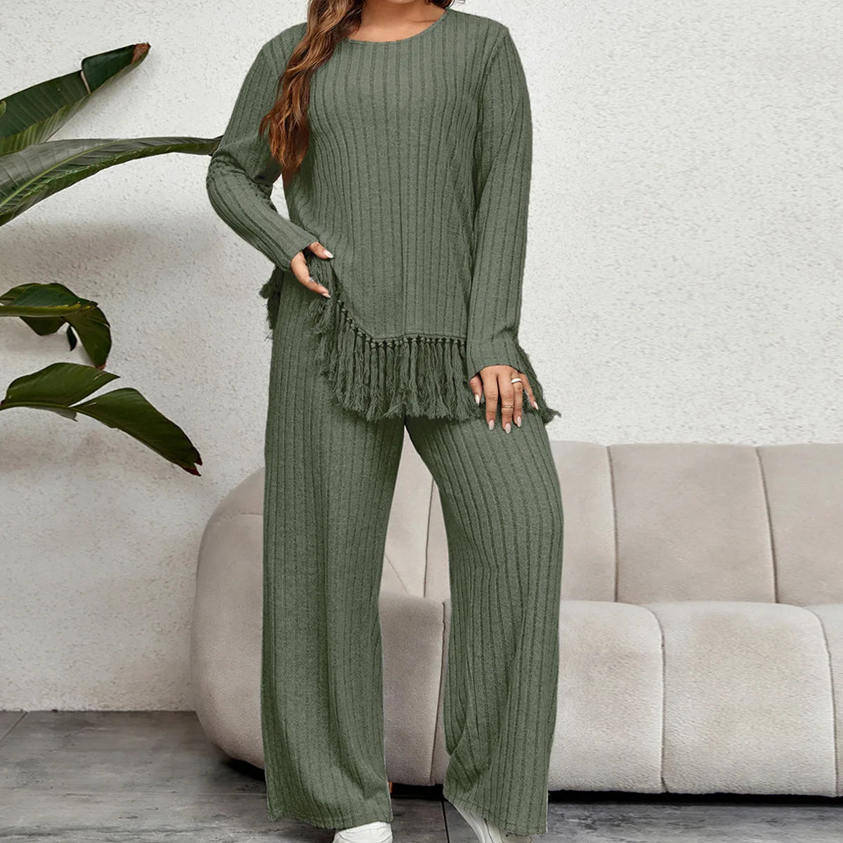 Two Piece Irregular Tassel Solid Color Long Sleeved Top Loose Wide Leg Pants Sets Autumn Winter Simple Daily Plus Size Home Wear