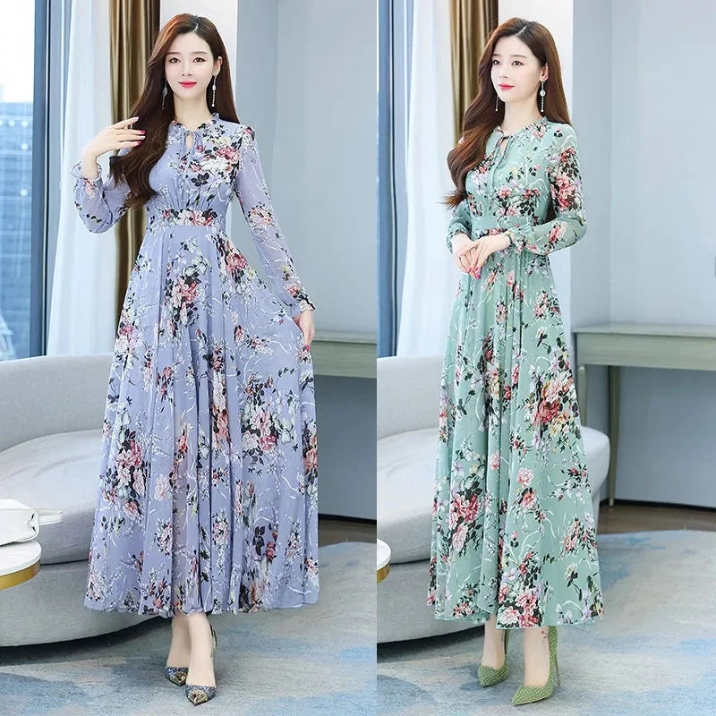 2024 Floral Vintage Chiffon Long Sleeve Dress Spring Autumn Womens Fashion Prom Maxi O-Neck Bodycon Evening Midi Dresses