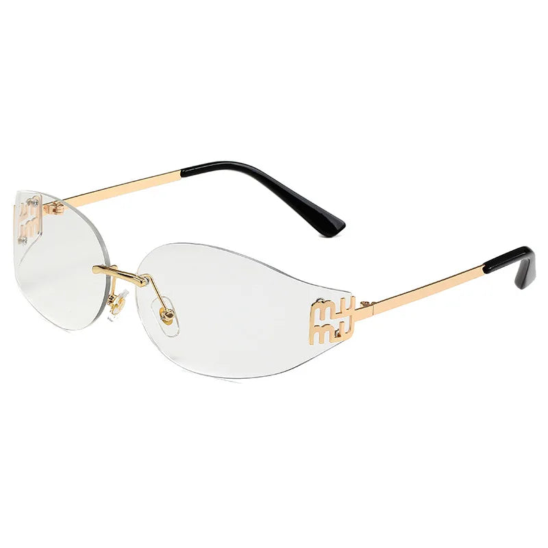 Rimless Oval Sunglasses Women UV400  Oversized Gradient Black Lenses Metal Frame Punk Decorative Glasses Men Goggles Female