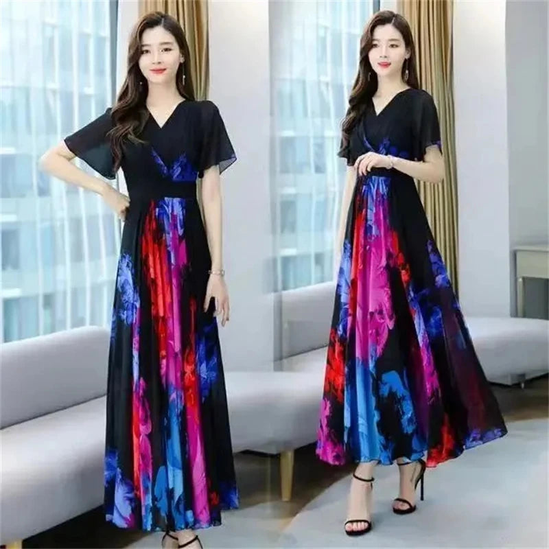 2024 New Chiffon Boho Beach Long Summer Elegant Dresses Clothes For Women Fashion Prom Black Floral Bodycon Maxi Dress
