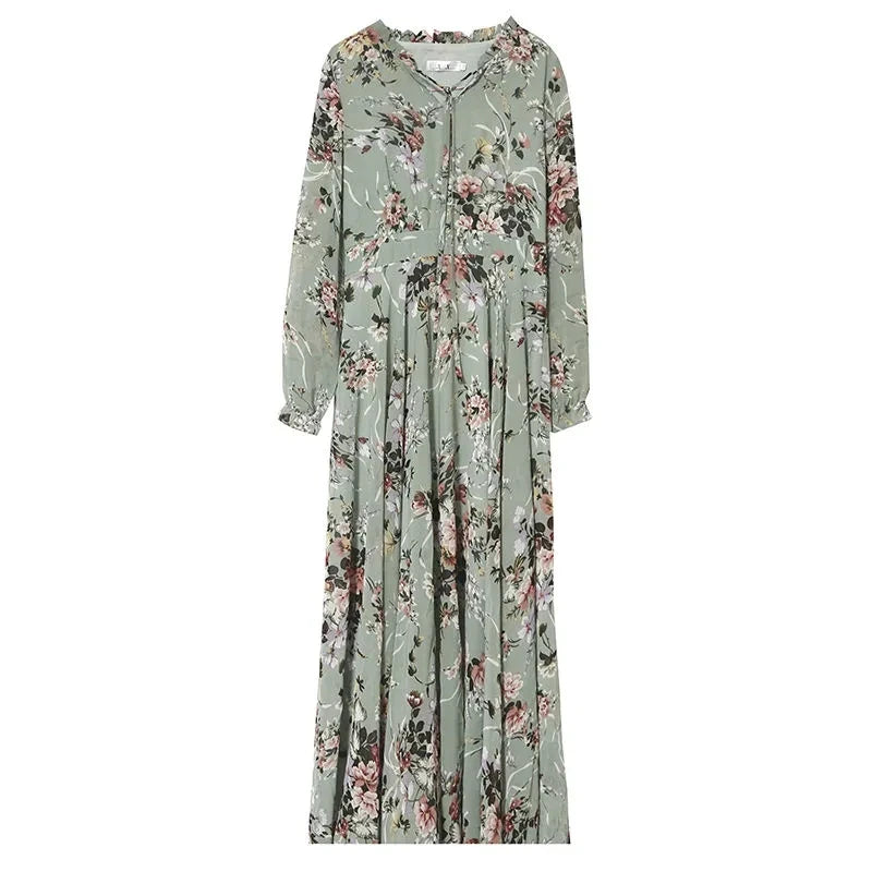 2024 Floral Vintage Chiffon Long Sleeve Dress Spring Autumn Womens Fashion Prom Maxi O-Neck Bodycon Evening Midi Dresses