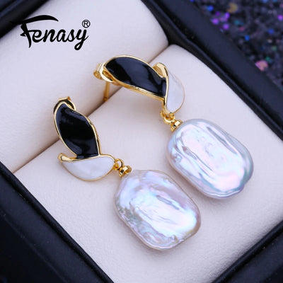 FENASY Natural Freshwater Big Button Baroque Pearl Drop Earrings For Women 18K Gold Plated Fashion Wedding Jewelry Birthday Gift