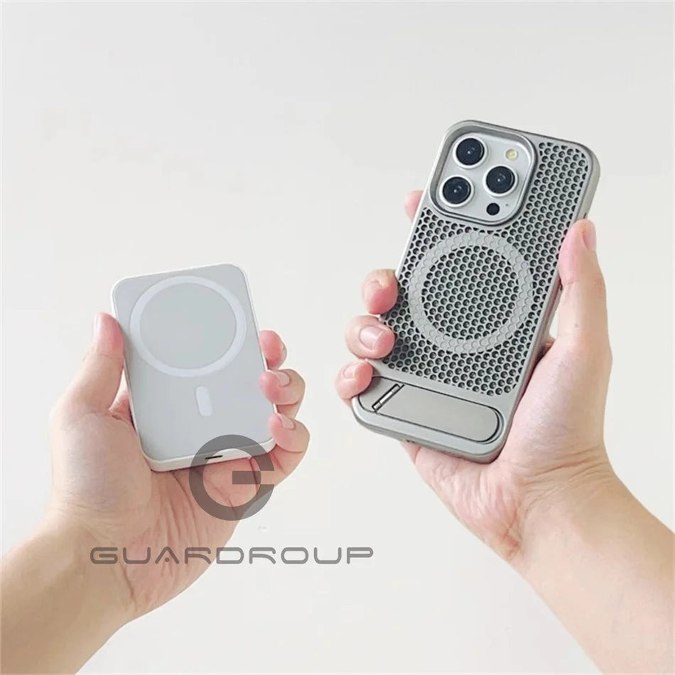 Luxury Heat Dissipation For Magsafe Case For iPhone 15 14 Plus 13 12 Pro Max Breathable Wireless Charger Stand Shockproof Cover