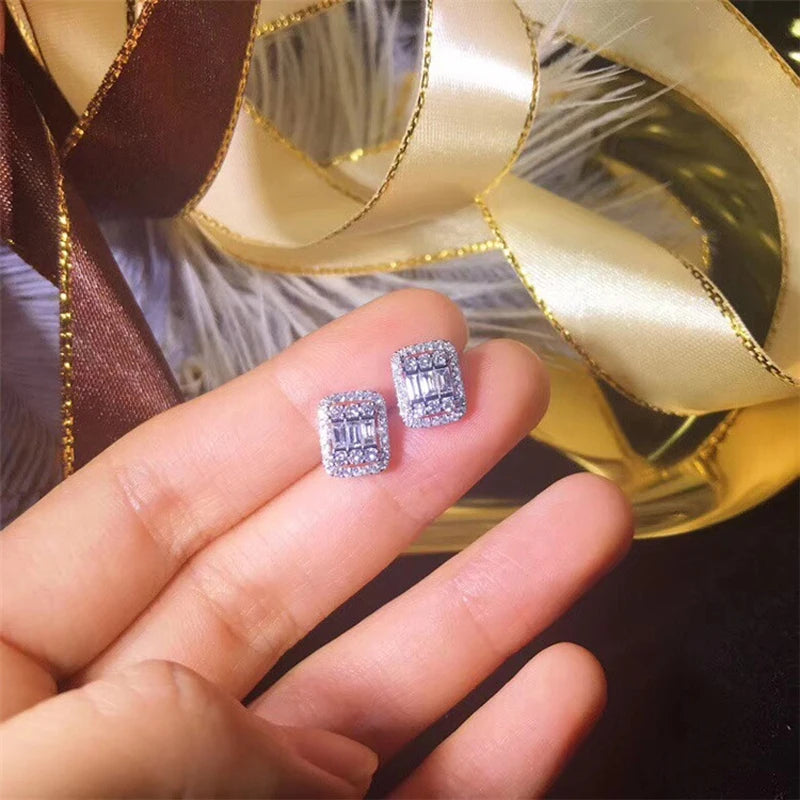 Fashion Wild Square White Zircon Crystal Earrings For Women Wedding Party Engagement Jewelry Gift Square Earring