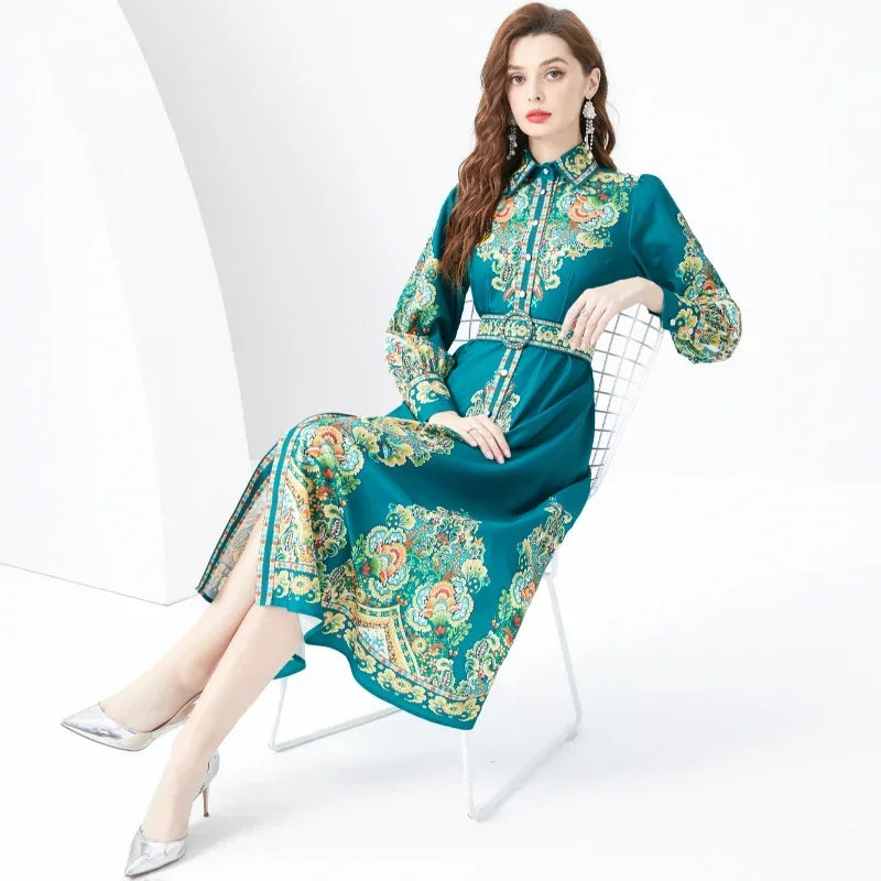 2024 Vacation Palace Style Lapel Single Flap Lantern Sleeves Long Retro Print Dress