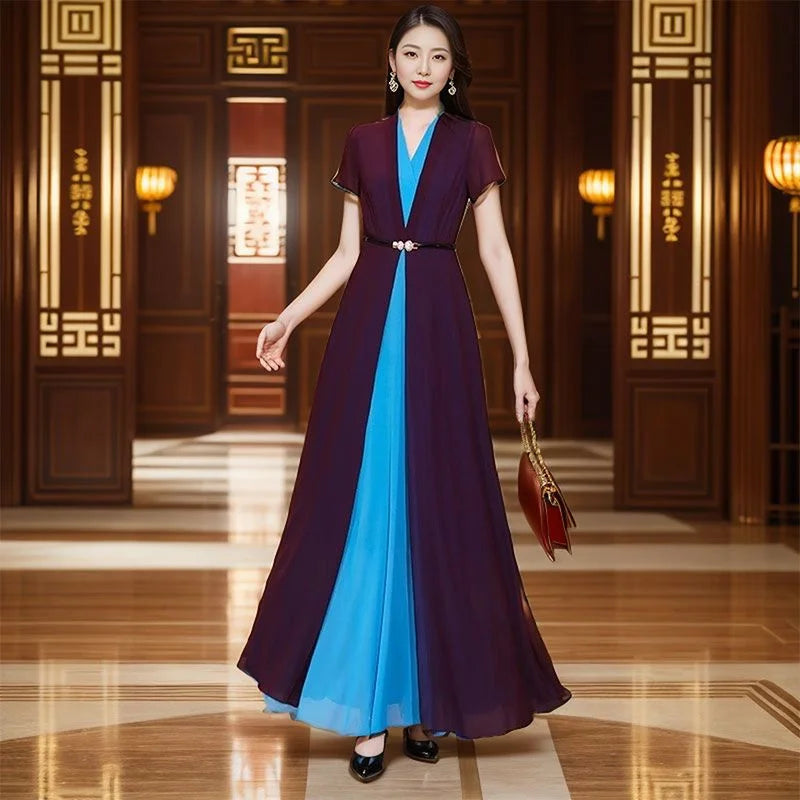 2024 Summer Female Bohemian Purple V-neck High end Splicing To Ankle Long Dress Women's New Chiffon Large hem Slim Long Dress