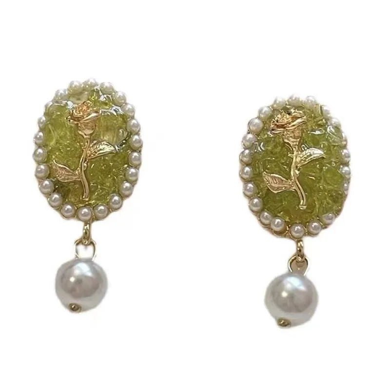 New Elegant Pearl Drop Earring Korean Classic Style Golden Rose Flower Dangle Earrings For Women Jewelry Valentine's Day present