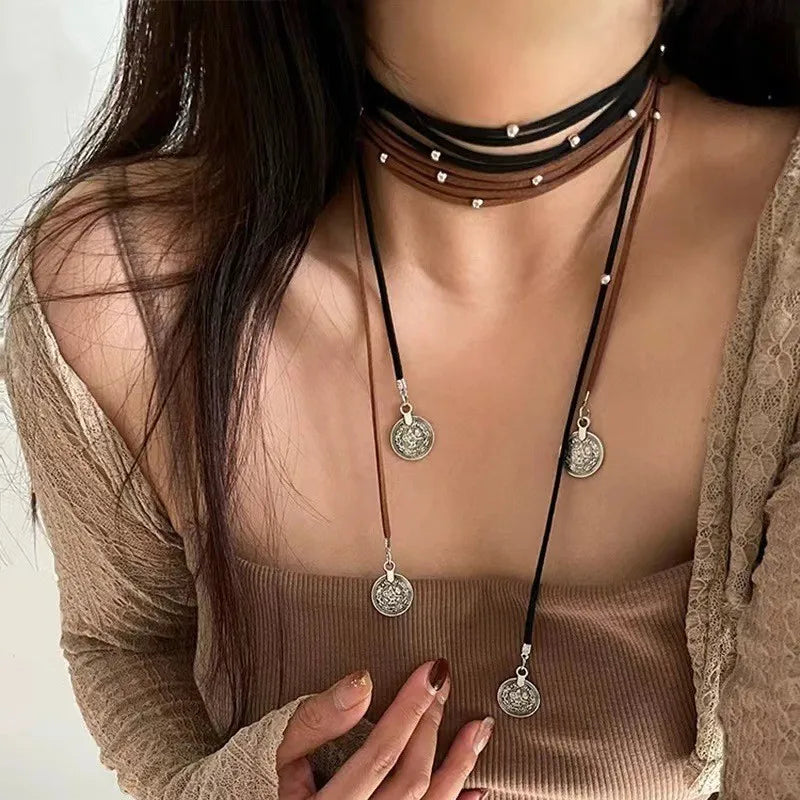 Ethnic Retro Brown Black Rope Chain Necklace for Women Metal Beaded Geometric Charm Adjustable Choker Jewelry Party Collar New