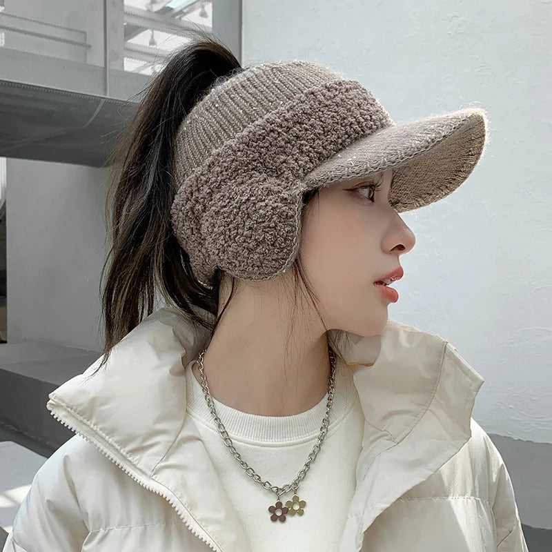 CNTANG 2024 Fashion Trend With Earflaps Empty Top Baseball Caps Lambswool Knitted Women's Hat Autumn Winter Thicker Warm Cap