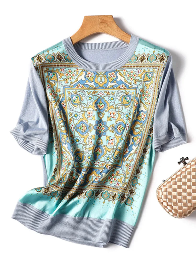 High Quality 2024 Fashion Women's Spring Summer Ice Silk Refreshing Knitwear Short Sleeve T-shirt Printed Panel Loose Pullover