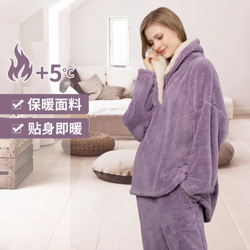 Coral Fleece Adult Blanket Pajamas Women Fall/winter Flannel Pajamas Set Thickened Couple Home Service Pijamas
