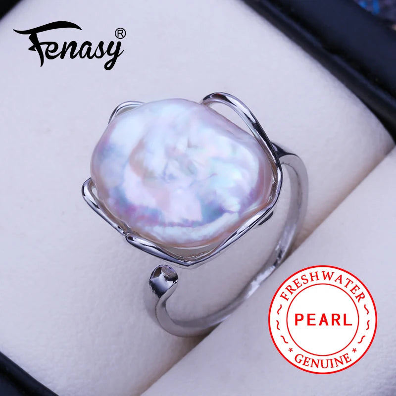 FENASY Natural Freshwater 12-16mm Big Baroque Pearl 925 Sterling Silver Rings For Women Bridal Wedding Jewelry Birthday Gift