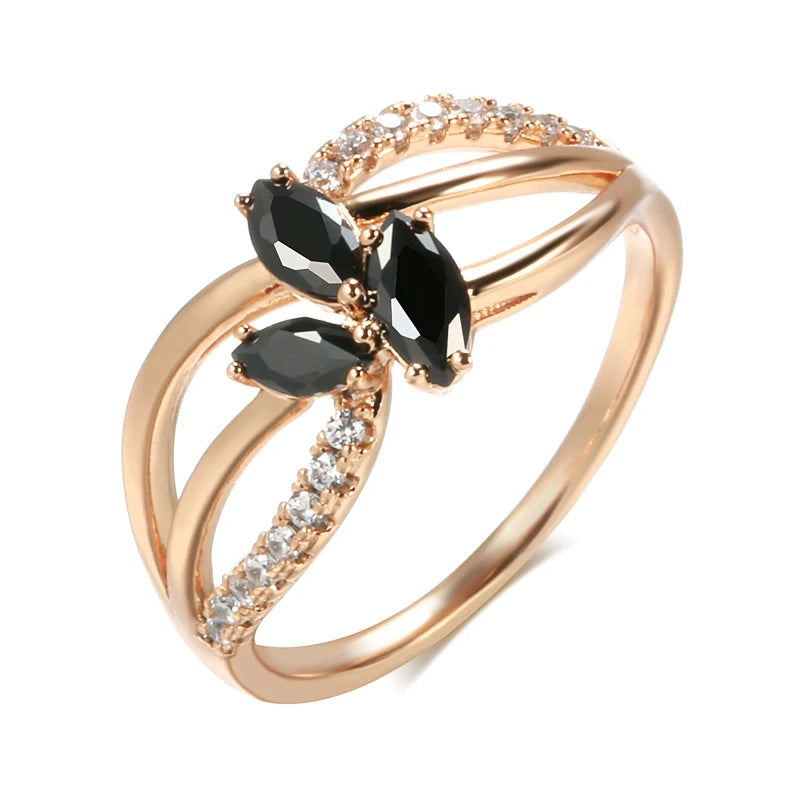 Wbmqda Trendy Black Natural Zircon Rings For Women 585 Rose Gold Color Wedding Party Fine Crystal Flower Jewelry Accessories