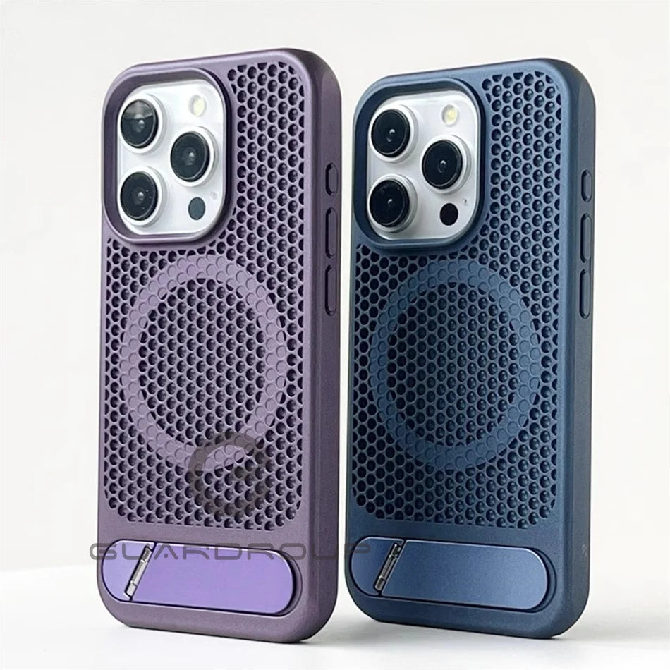 Luxury Heat Dissipation For Magsafe Case For iPhone 15 14 Plus 13 12 Pro Max Breathable Wireless Charger Stand Shockproof Cover