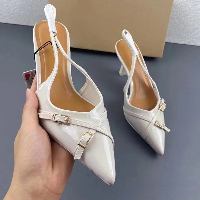 Pointed Toe High Heels Women Sandals 2025 Summer Brand Designer White Ladies Wedding Shoes Trendy Buckle Mules Footwear