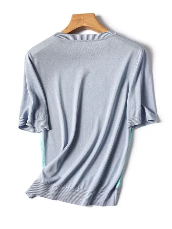 High Quality 2024 Fashion Women's Spring Summer Ice Silk Refreshing Knitwear Short Sleeve T-shirt Printed Panel Loose Pullover