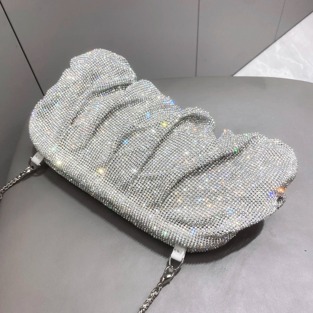 Shiny Handle Rhinestones Handmade Evening Clutch Bags New Folds Purses And Handbags Luxury Designer Wedding Party High Quality