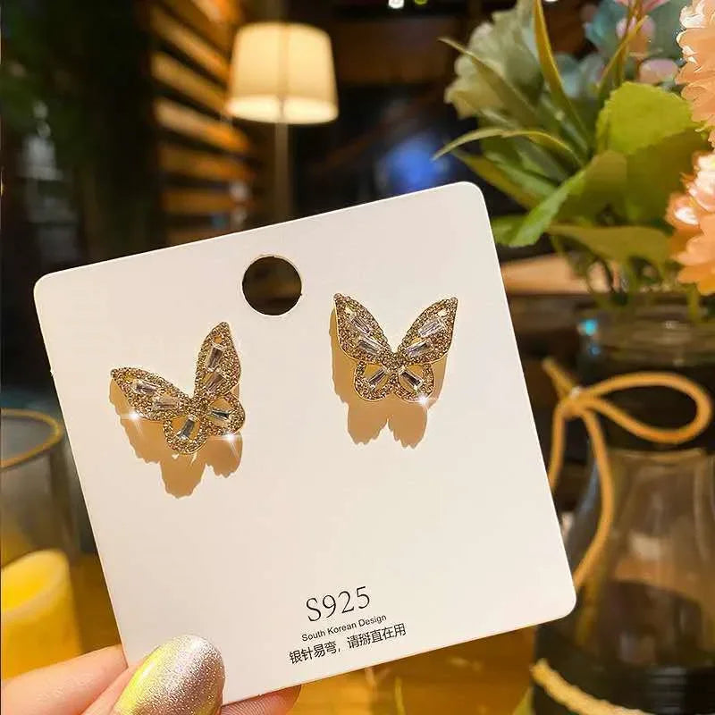 Korean New Fashion Purple Crystal Butterfly Earrings for Women Rhinestone Cute Girl Zircon Stud Earrings Jewelry Wholesale