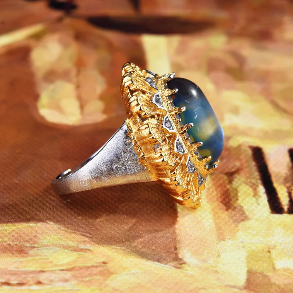 WOSIKATE Luxury Woven And Carved Gold Handmade Moonstone Ring For Women 925 silver Jewelry Adjustable Elegant Ladies Finger Ring