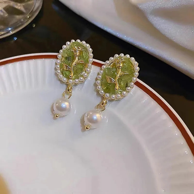 New Elegant Pearl Drop Earring Korean Classic Style Golden Rose Flower Dangle Earrings For Women Jewelry Valentine's Day present