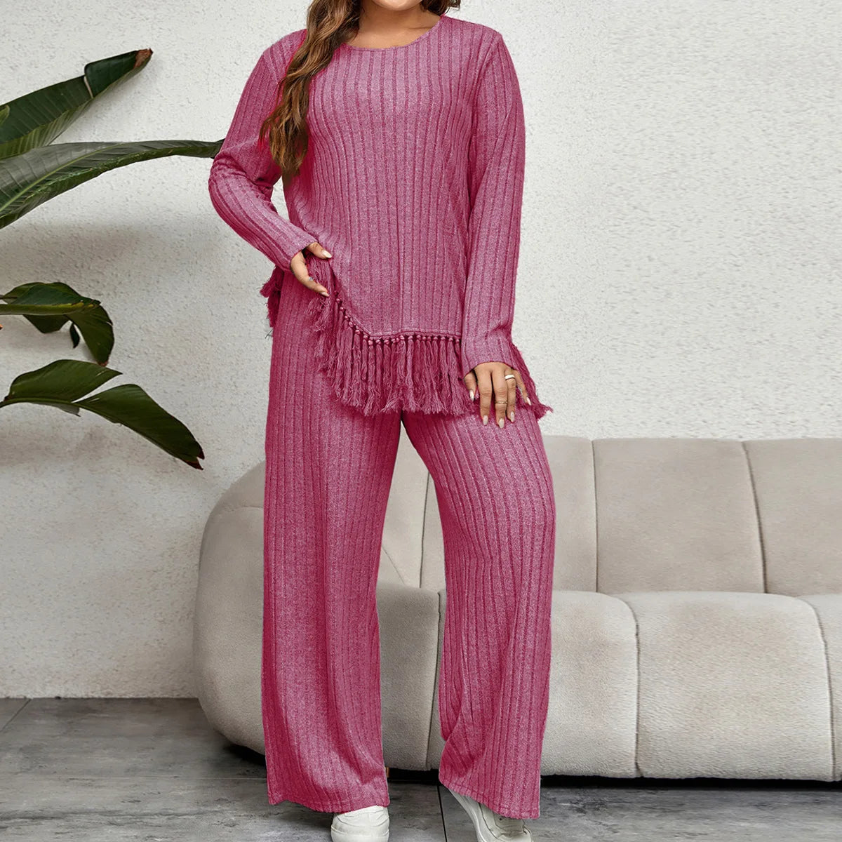 Two Piece Irregular Tassel Solid Color Long Sleeved Top Loose Wide Leg Pants Sets Autumn Winter Simple Daily Plus Size Home Wear