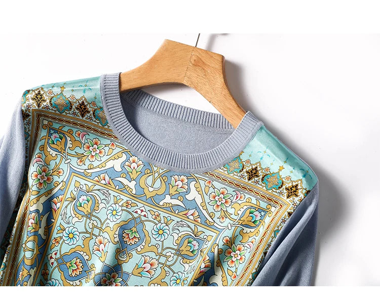 High Quality 2024 Fashion Women's Spring Summer Ice Silk Refreshing Knitwear Short Sleeve T-shirt Printed Panel Loose Pullover