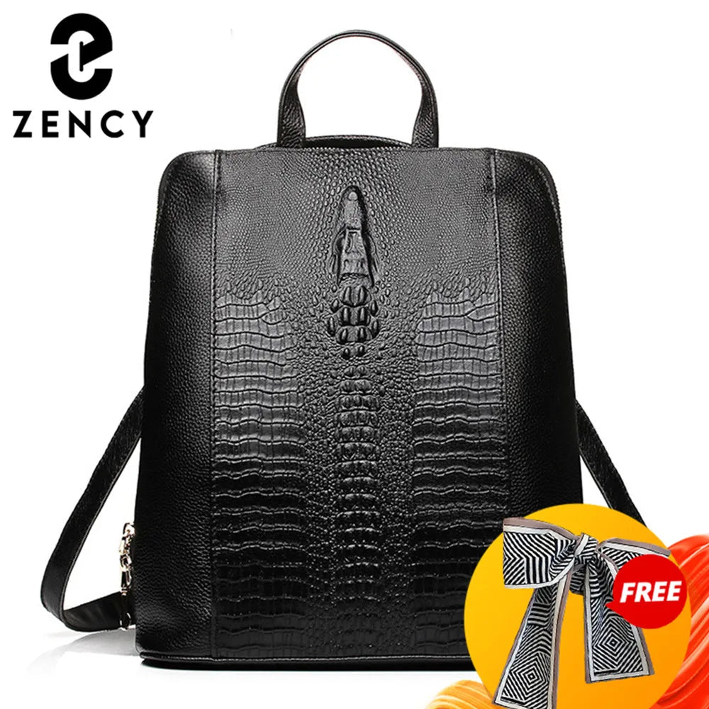 Zency Women's Crocodile Leather Backpack 100% Genuine 2025 Travel Work School Bag with Notebook Compartment Laptop Carry-on