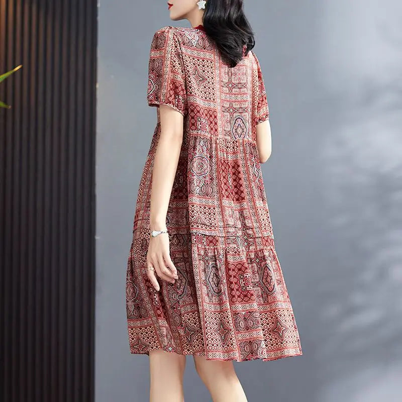 Fashion Round Neck Female Clothing Geometric Printing Summer 100% Mulberry Silk Vintage Patchwork Slim Midi A-line Dress