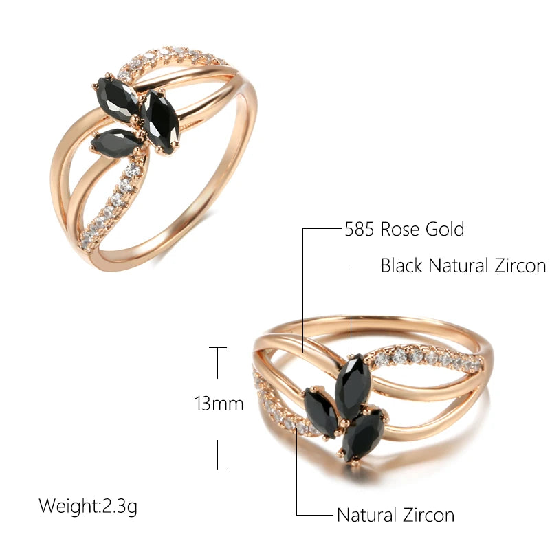 Wbmqda Trendy Black Natural Zircon Rings For Women 585 Rose Gold Color Wedding Party Fine Crystal Flower Jewelry Accessories