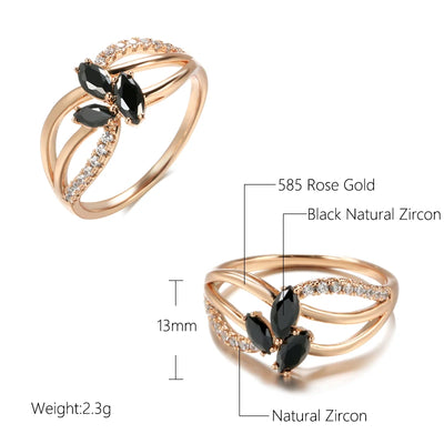 Wbmqda Trendy Black Natural Zircon Rings For Women 585 Rose Gold Color Wedding Party Fine Crystal Flower Jewelry Accessories
