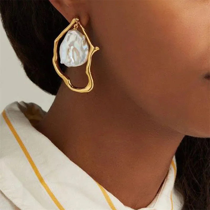 Imitation Pearl Earring for Women Gold Color Round Stud Earrings Korean Delicate Irregular Design Unusual 2024 Fashion Jewelry